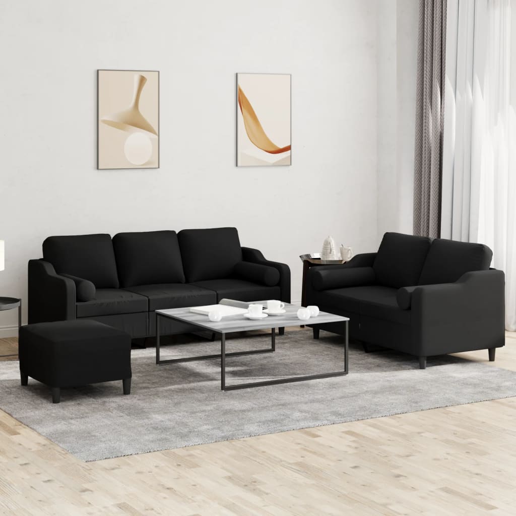 3 Pcs conjunto de sofás com almofadas tecido preto