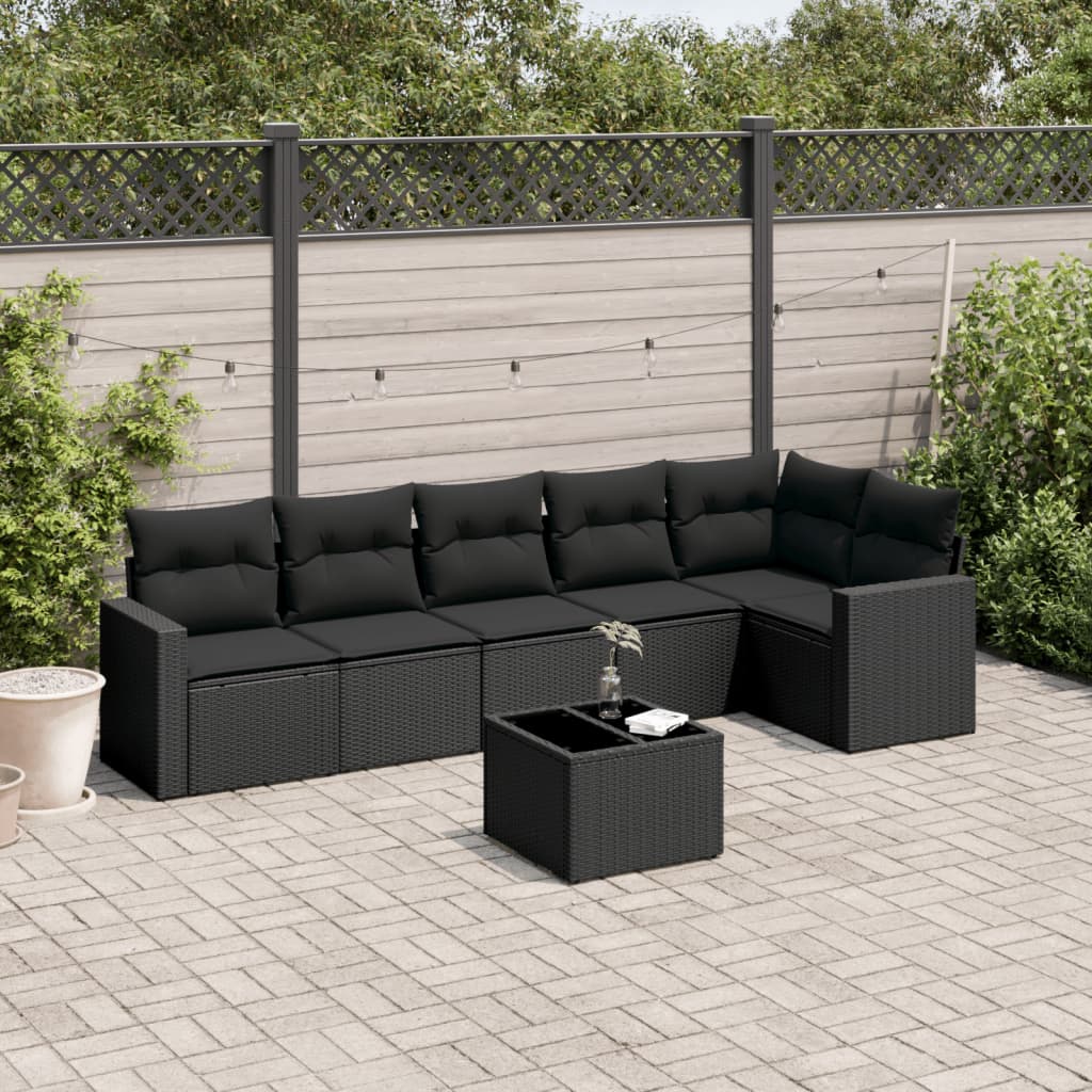 7 Pcs conjunto de sofás p/ jardim c/ almofadões vime PE preto