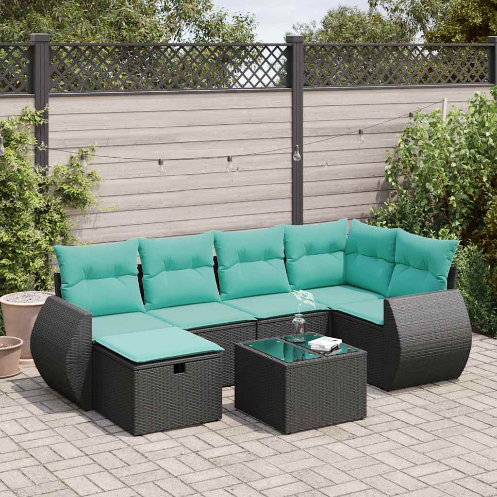 7 Pcs conjunto de sofás p/ jardim c/ almofadões vime PE preto