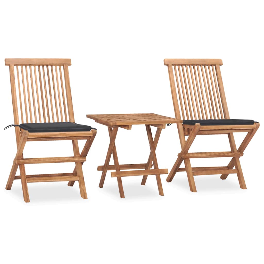 3 Pcs conj. jantar dobrável exterior c/ almofadão teca maciça