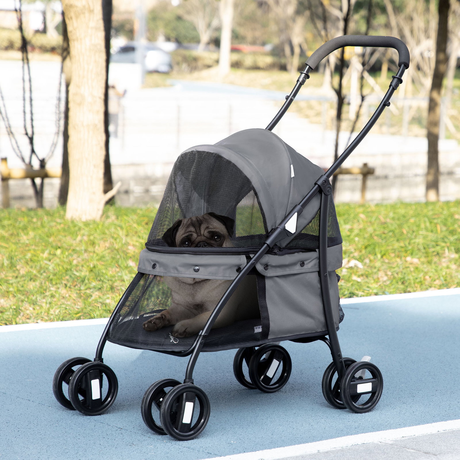 Carrinho para animais de estimação dobrável com janela de malha almofada lavável arnês de segurança 82x47x97cm cinza