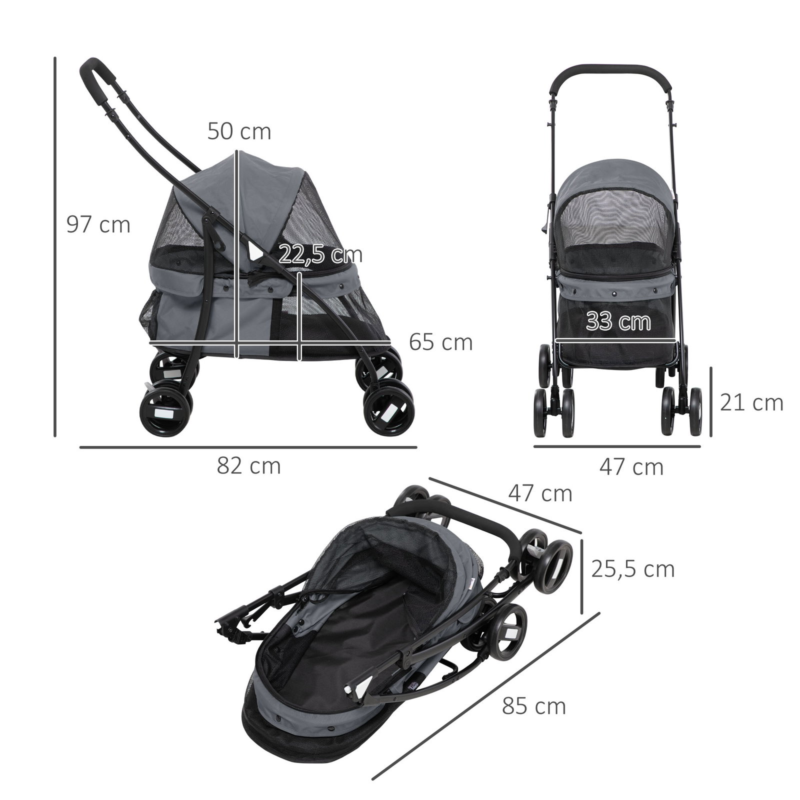 Carrinho para animais de estimação dobrável com janela de malha almofada lavável arnês de segurança 82x47x97cm cinza