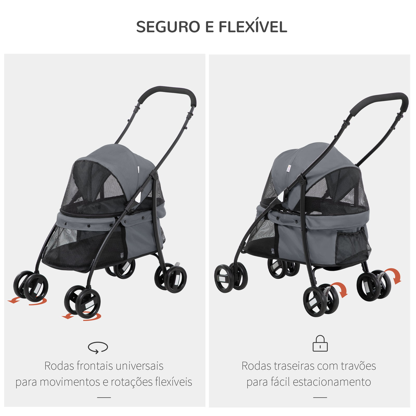 Carrinho para animais de estimação dobrável com janela de malha almofada lavável arnês de segurança 82x47x97cm cinza
