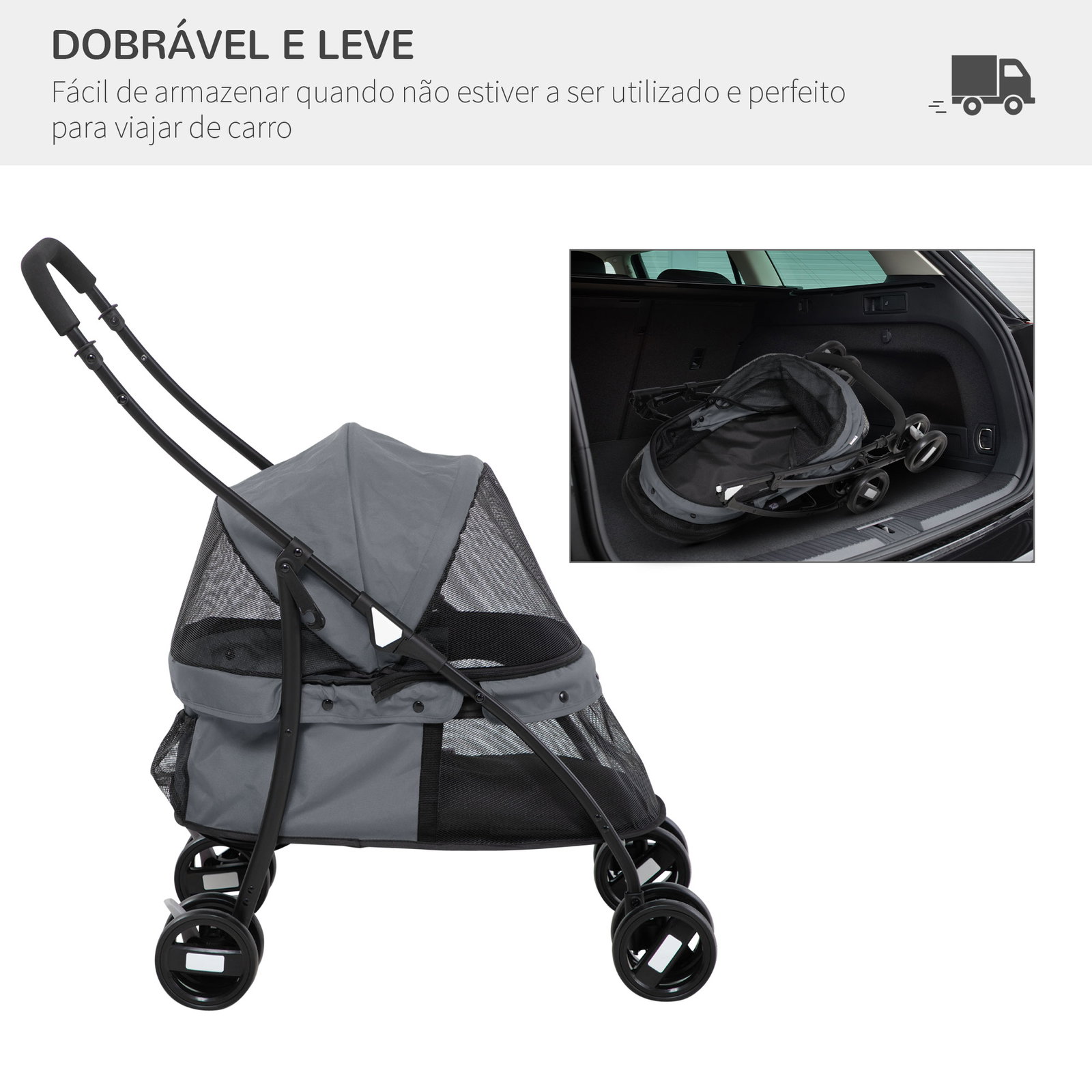 Carrinho para animais de estimação dobrável com janela de malha almofada lavável arnês de segurança 82x47x97cm cinza