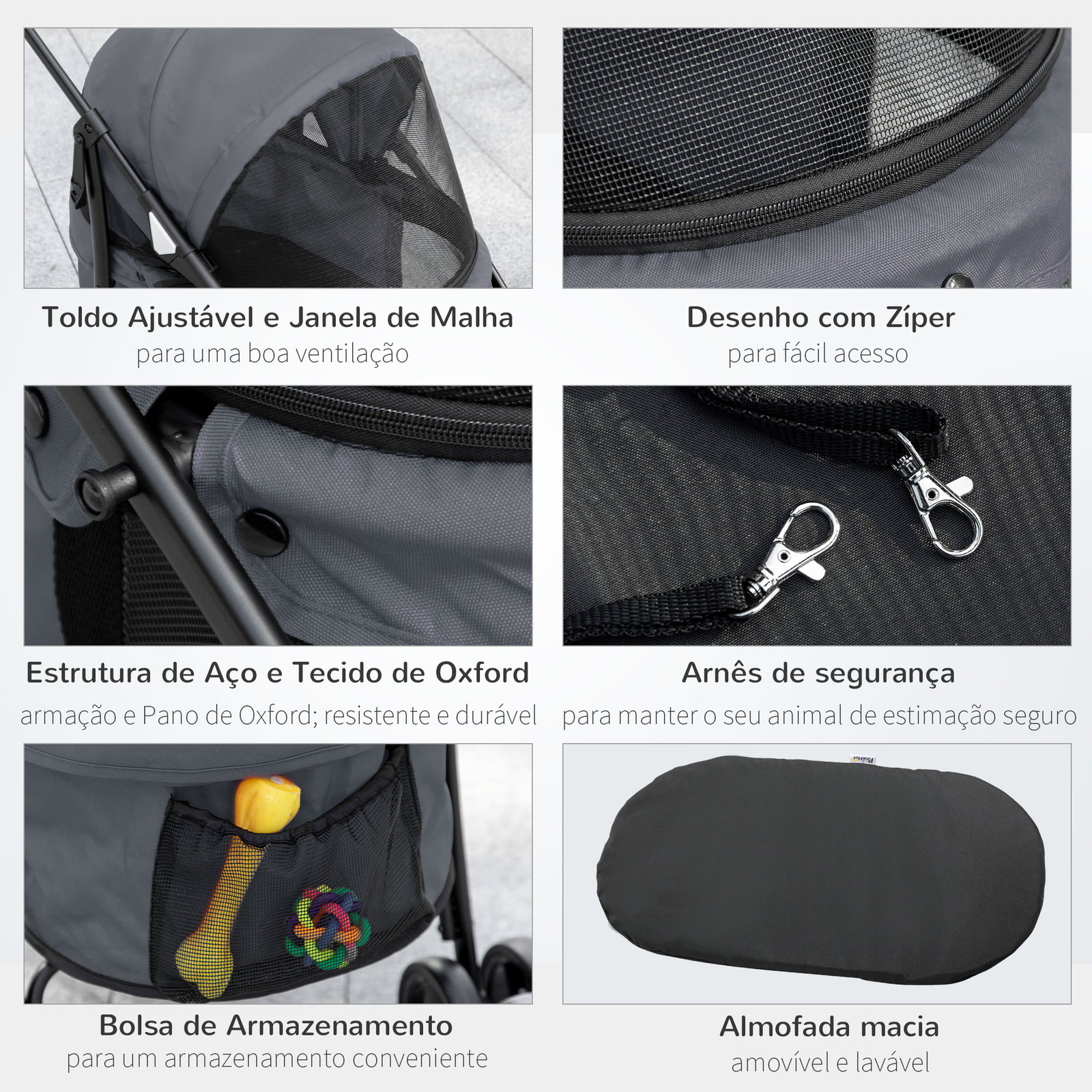 Carrinho para animais de estimação dobrável com janela de malha almofada lavável arnês de segurança 82x47x97cm cinza
