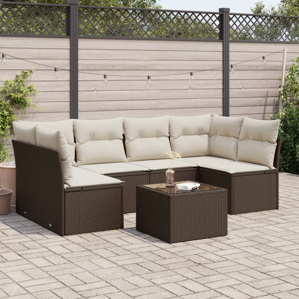 7 Pcs conjunto de sofás jardim c/ almofadões vime PE castanho