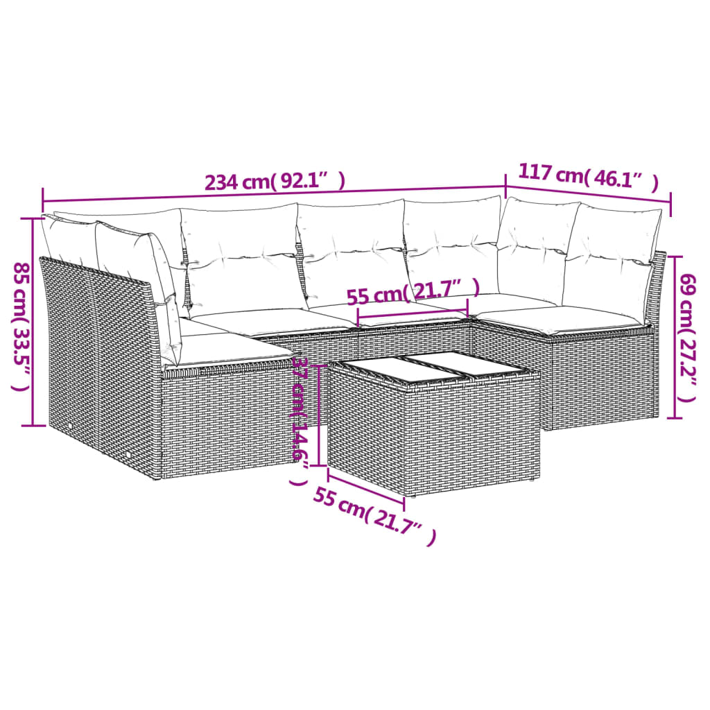 7 Pcs conjunto de sofás jardim c/ almofadões vime PE castanho