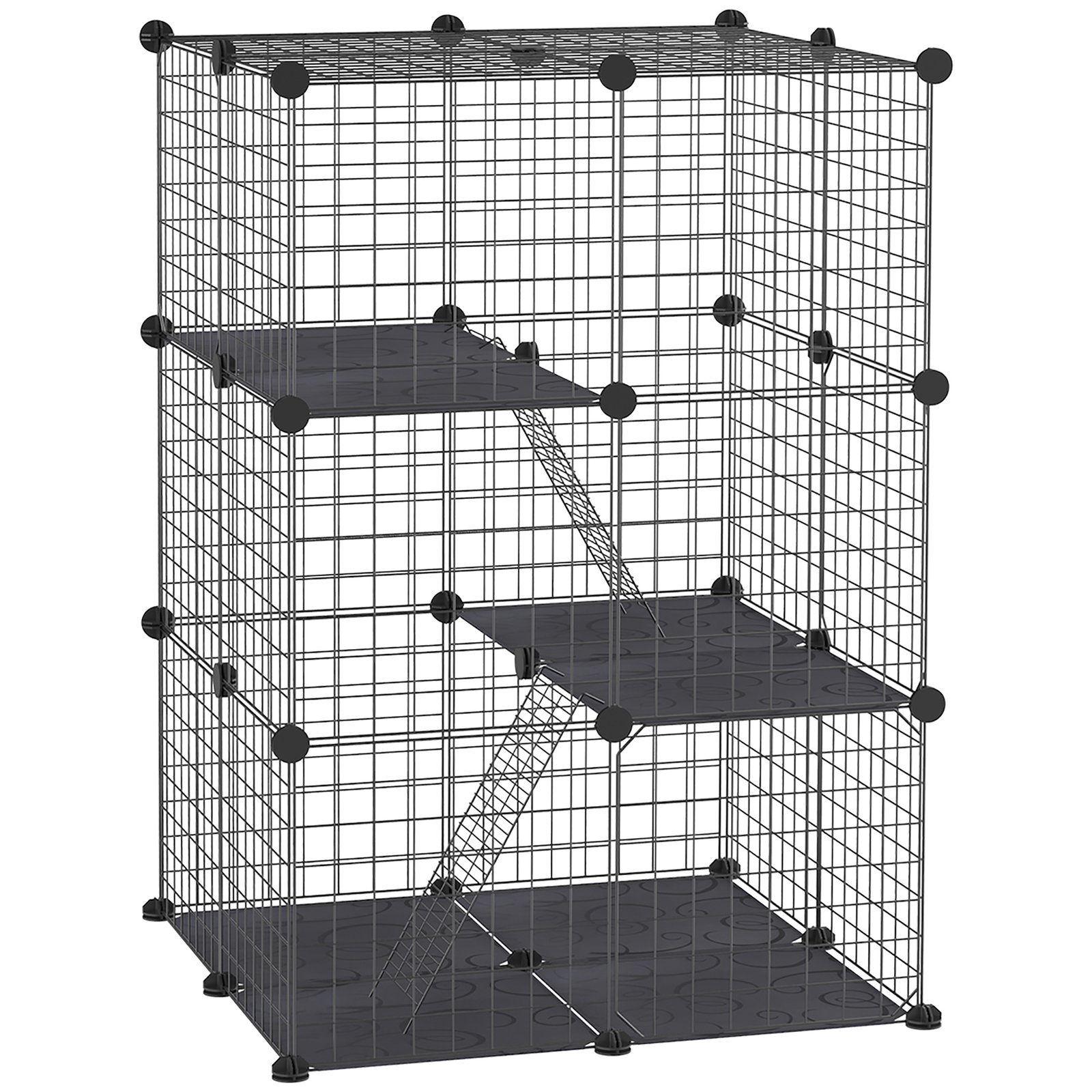 Recinto para Animais de Estimação de 3 Níveis com Rampas e Desenho Personalizável 70x70x105 cm Preto