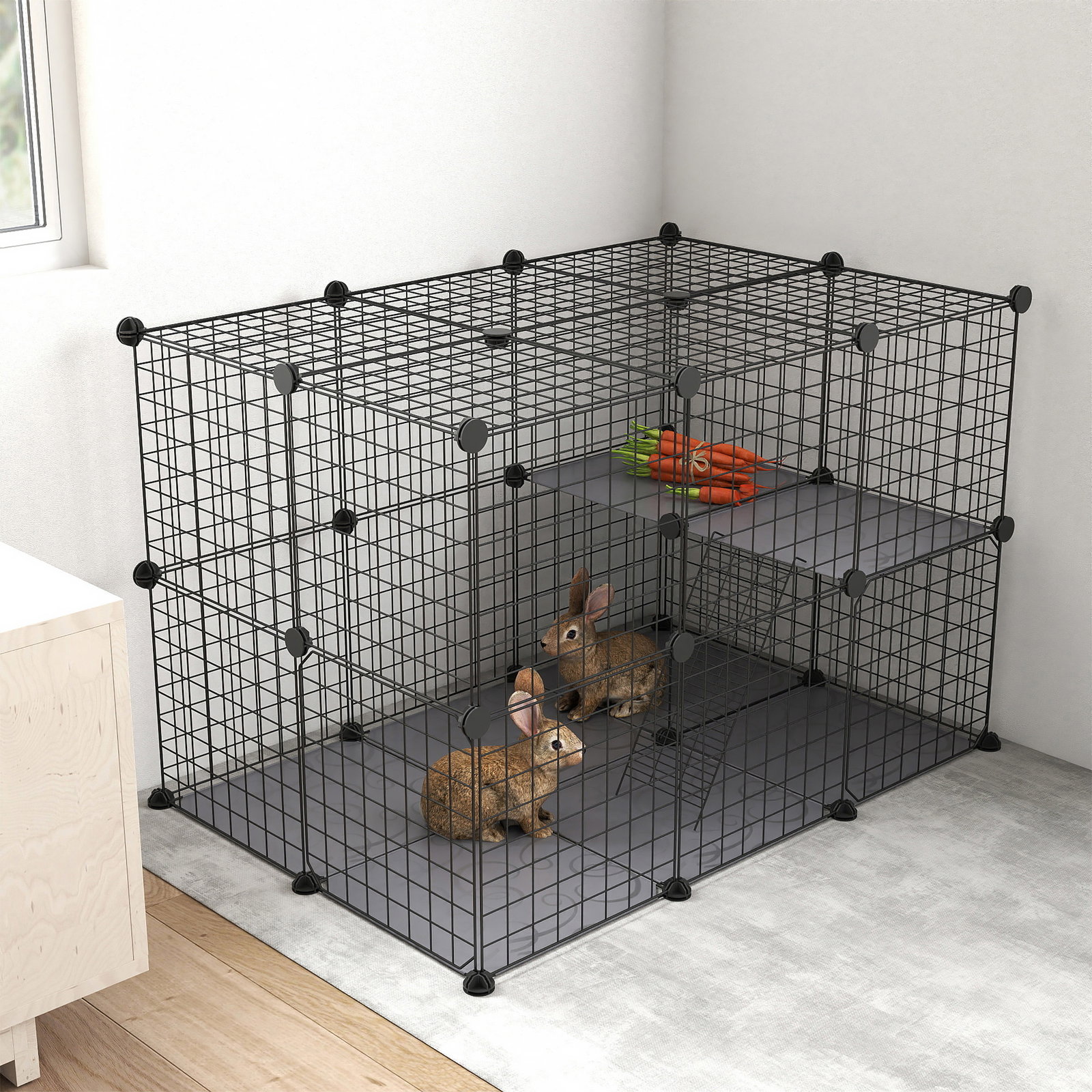 Recinto para Animais de Estimação de 3 Níveis com Rampas e Desenho Personalizável 70x70x105 cm Preto