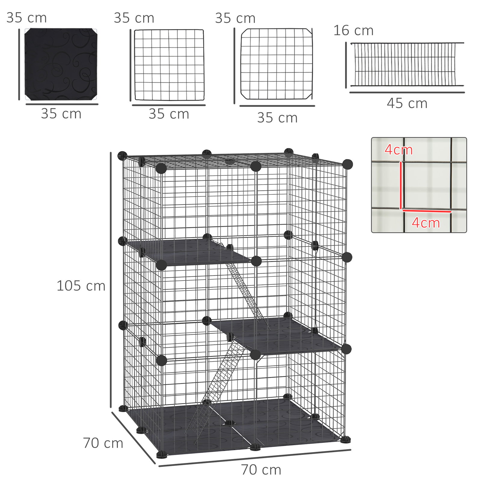 Recinto para Animais de Estimação de 3 Níveis com Rampas e Desenho Personalizável 70x70x105 cm Preto