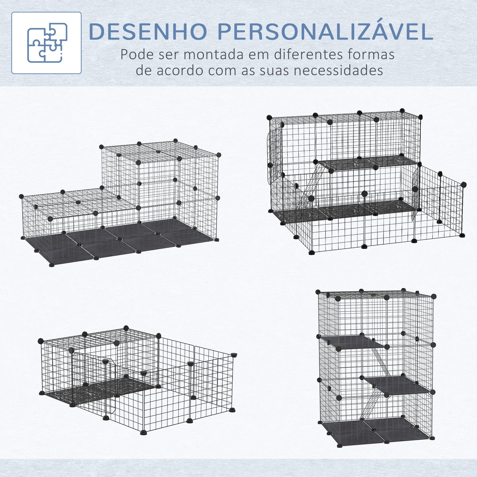 Recinto para Animais de Estimação de 3 Níveis com Rampas e Desenho Personalizável 70x70x105 cm Preto