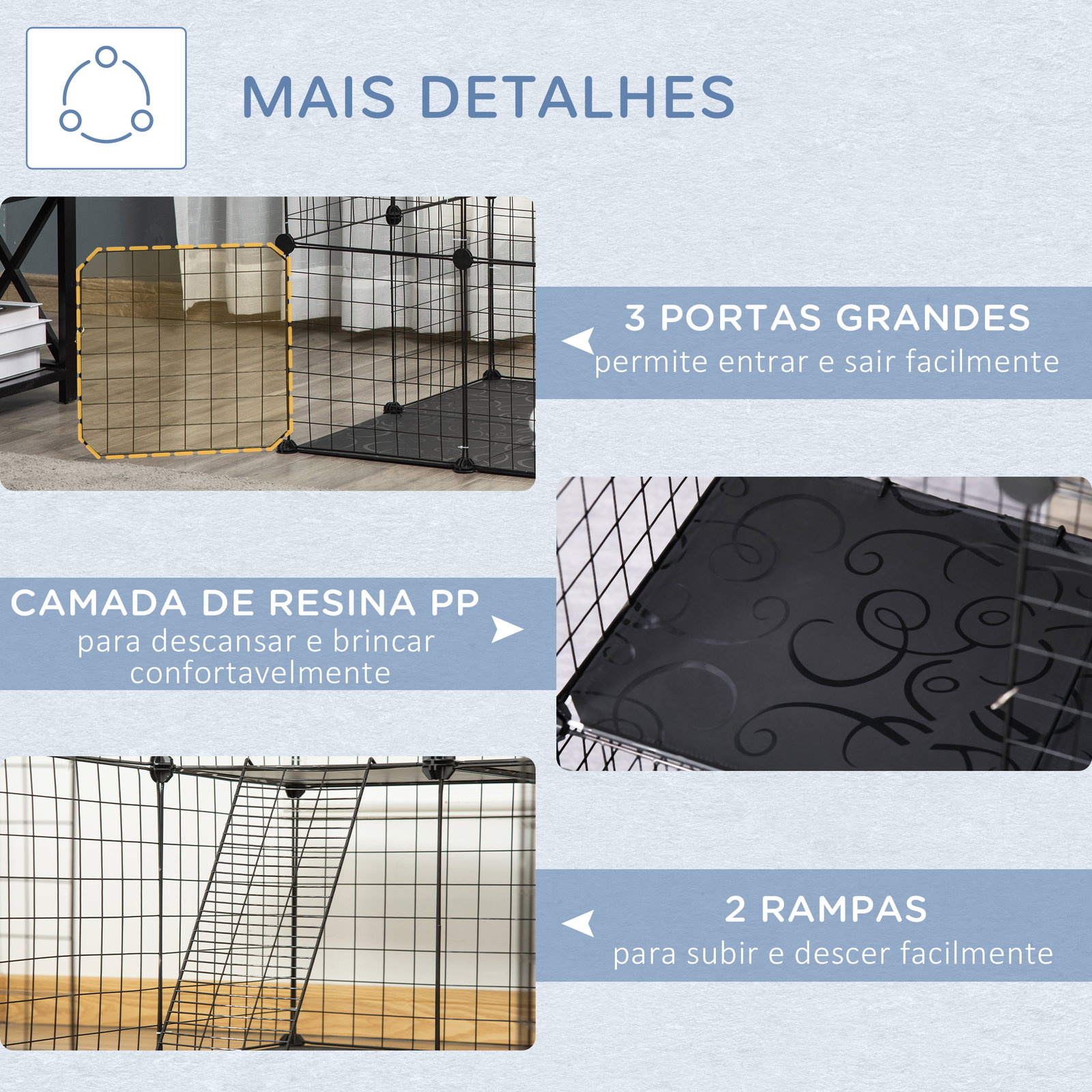 Recinto para Animais de Estimação de 3 Níveis com Rampas e Desenho Personalizável 70x70x105 cm Preto