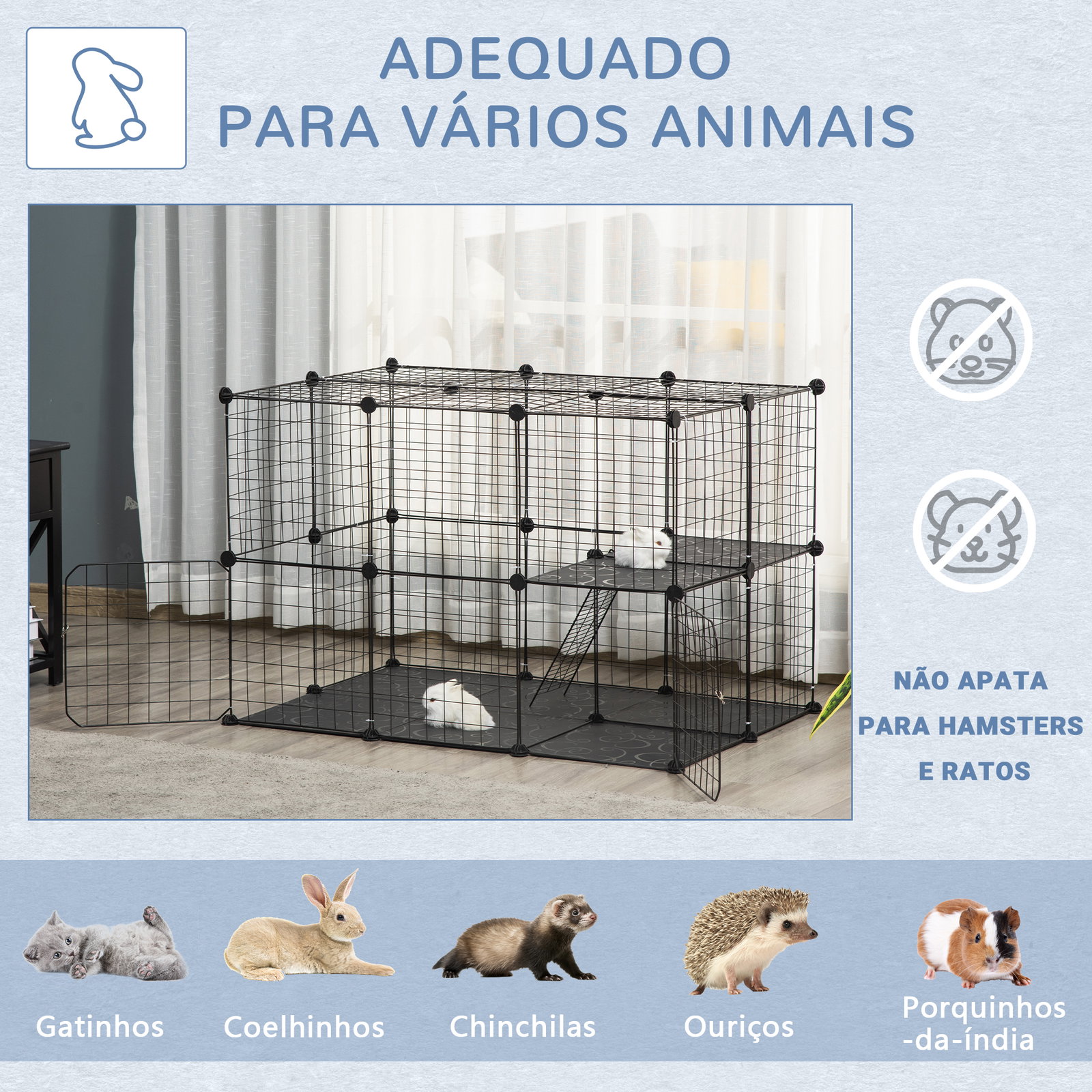 Recinto para Animais de Estimação de 3 Níveis com Rampas e Desenho Personalizável 70x70x105 cm Preto