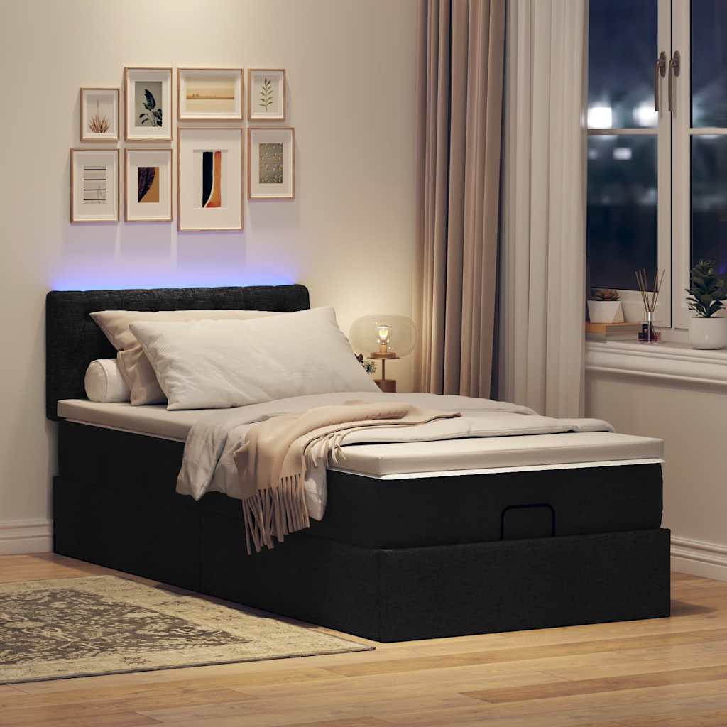 Cama otomana com colchão & leds 80x200cm tecido preto