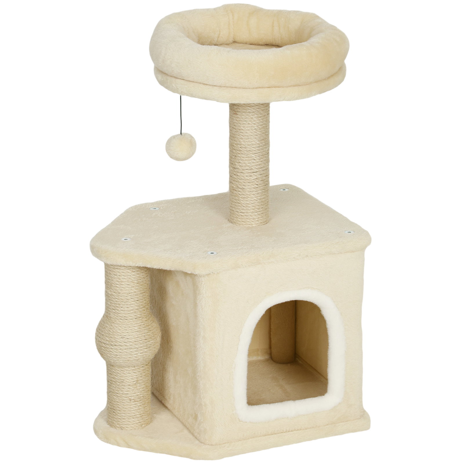 Arranhador para gatos com cama caverna plataforma bola suspensa e poste de juta 42x30x66 cm marrom e bege