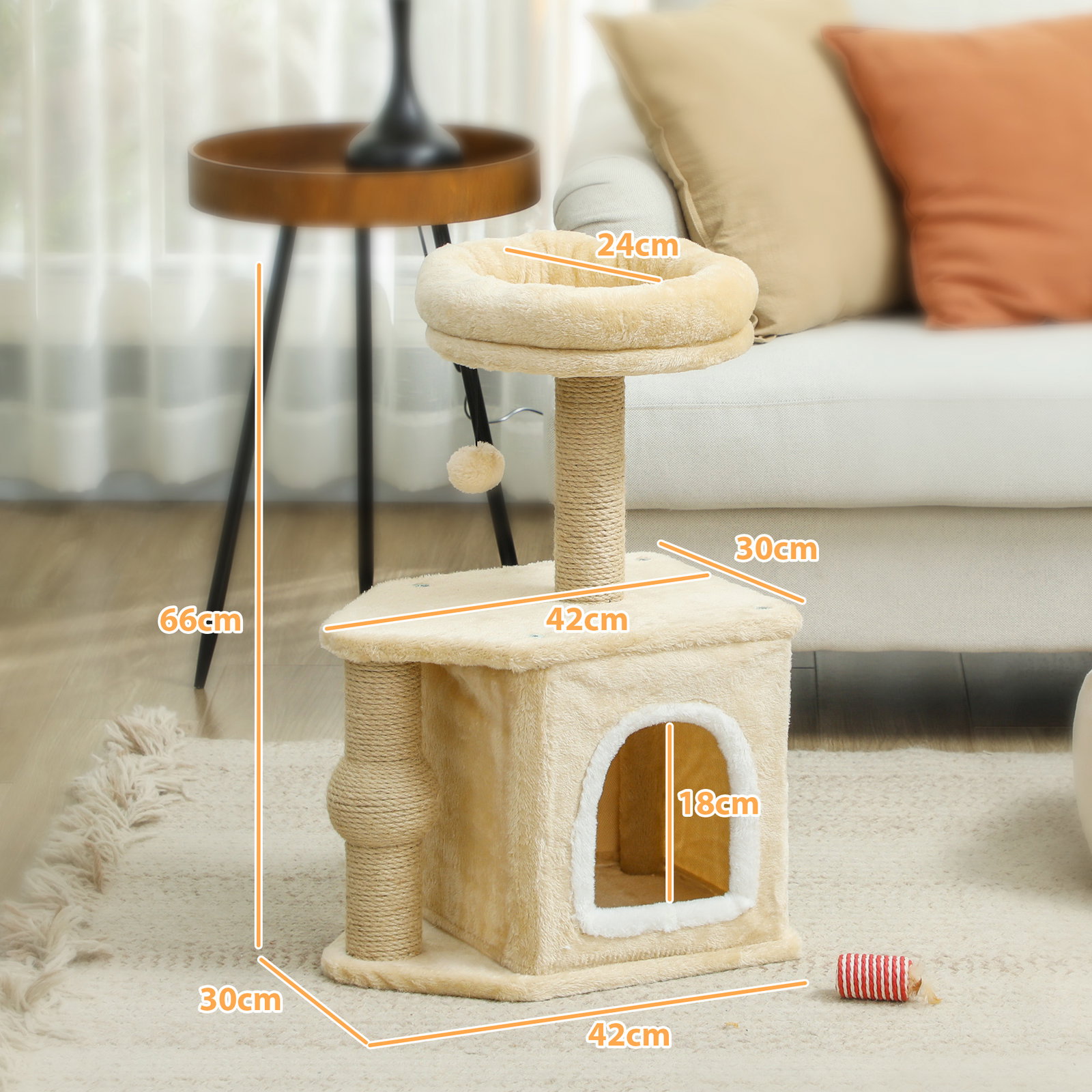 Arranhador para gatos com cama caverna plataforma bola suspensa e poste de juta 42x30x66 cm marrom e bege