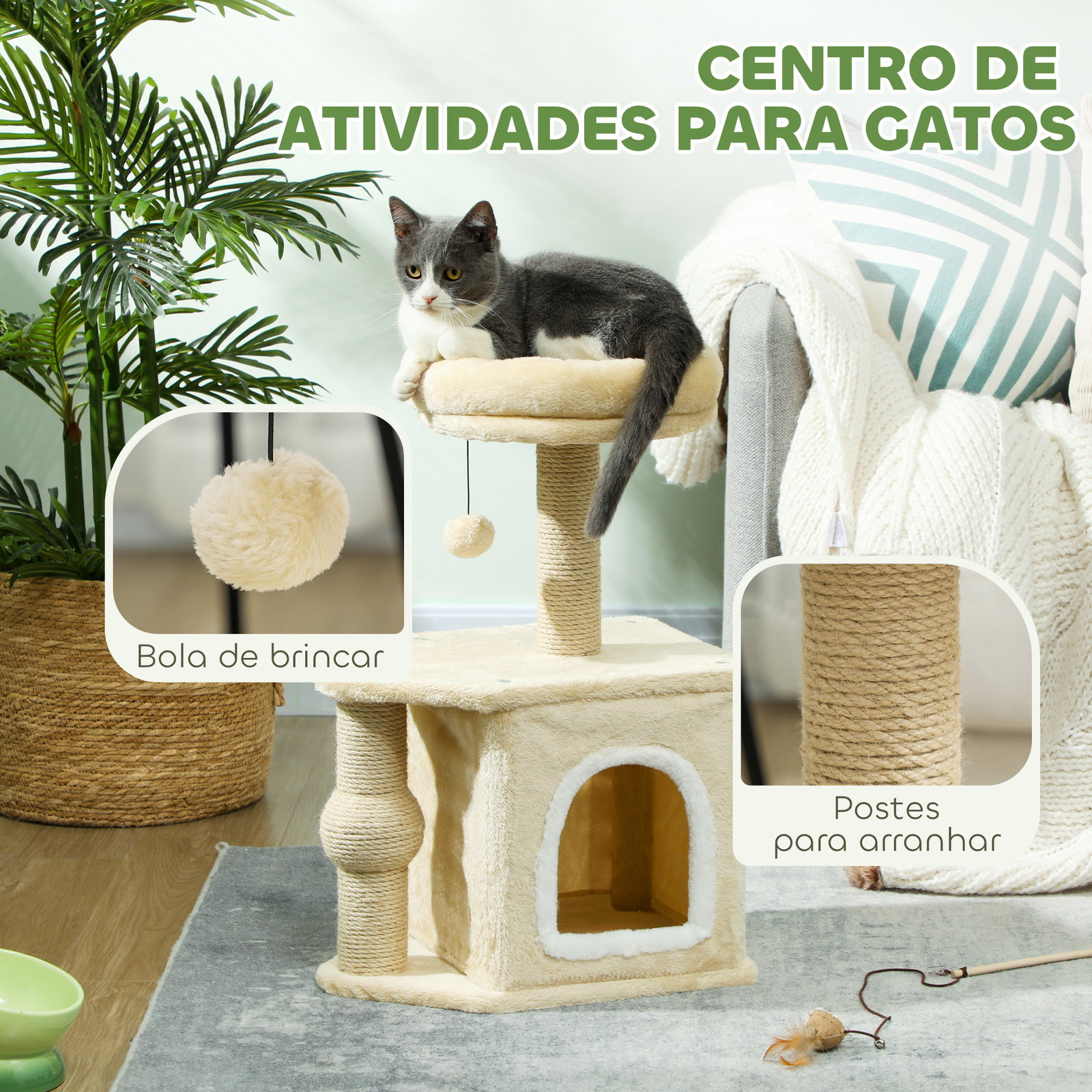 Arranhador para gatos com cama caverna plataforma bola suspensa e poste de juta 42x30x66 cm marrom e bege