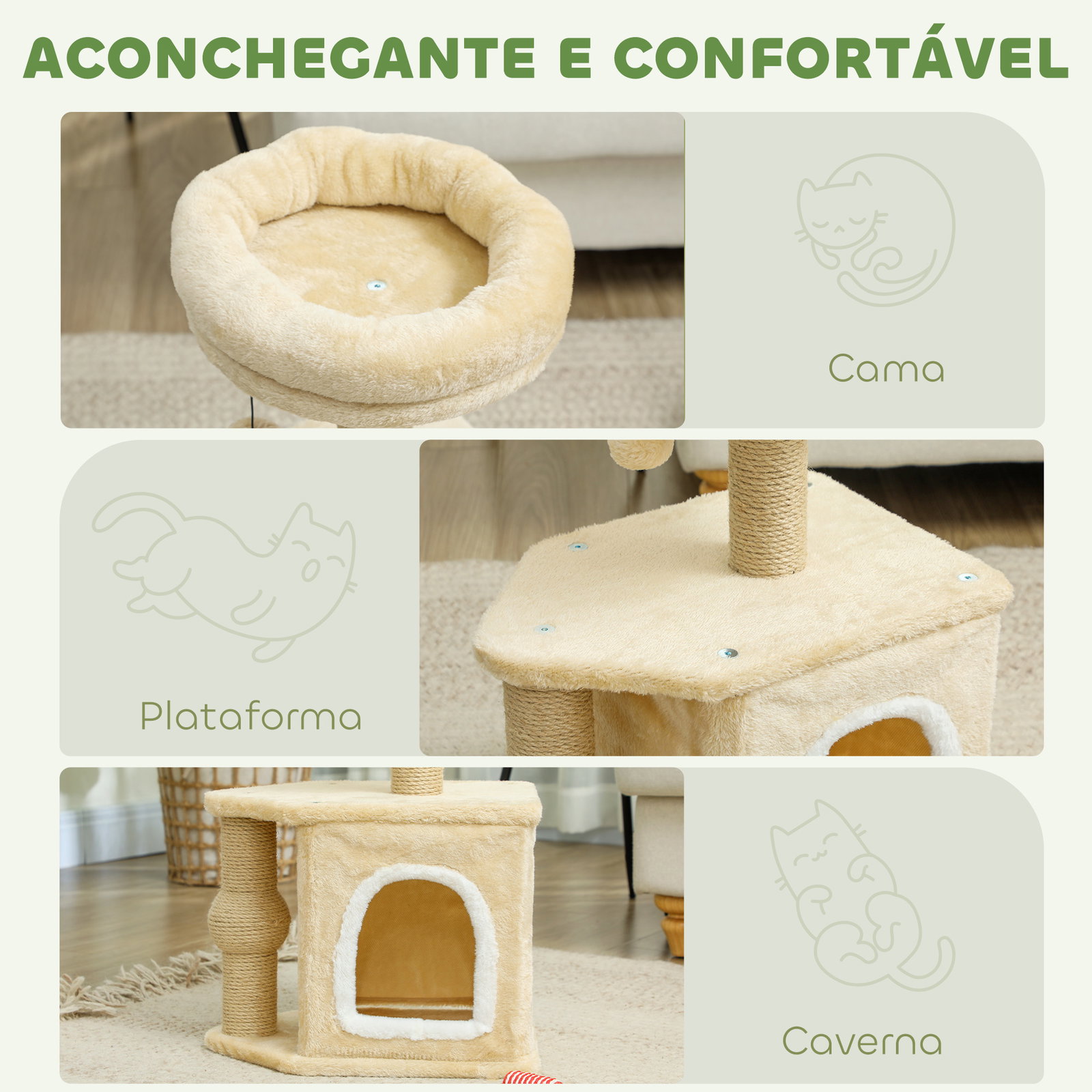 Arranhador para gatos com cama caverna plataforma bola suspensa e poste de juta 42x30x66 cm marrom e bege