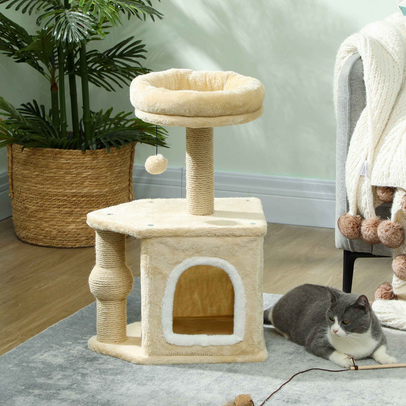 Arranhador para gatos com cama caverna plataforma bola suspensa e poste de juta 42x30x66 cm marrom e bege