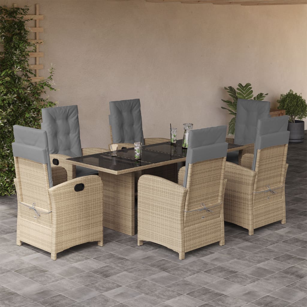 7 Pcs conj. jantar jardim c/ almofadões vime PE bege misturado