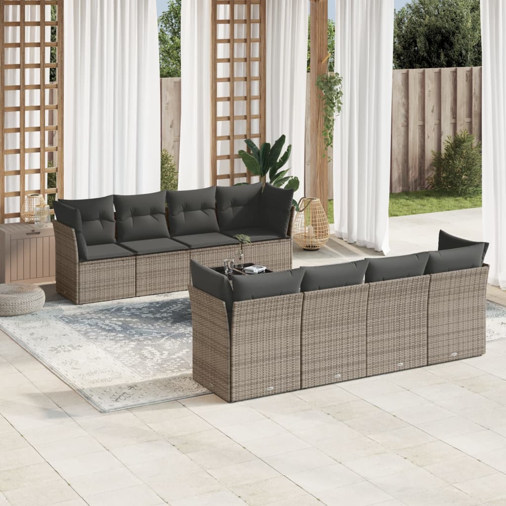 9 Pcs conjunto sofás p/ jardim com almofadões vime PE cinzento