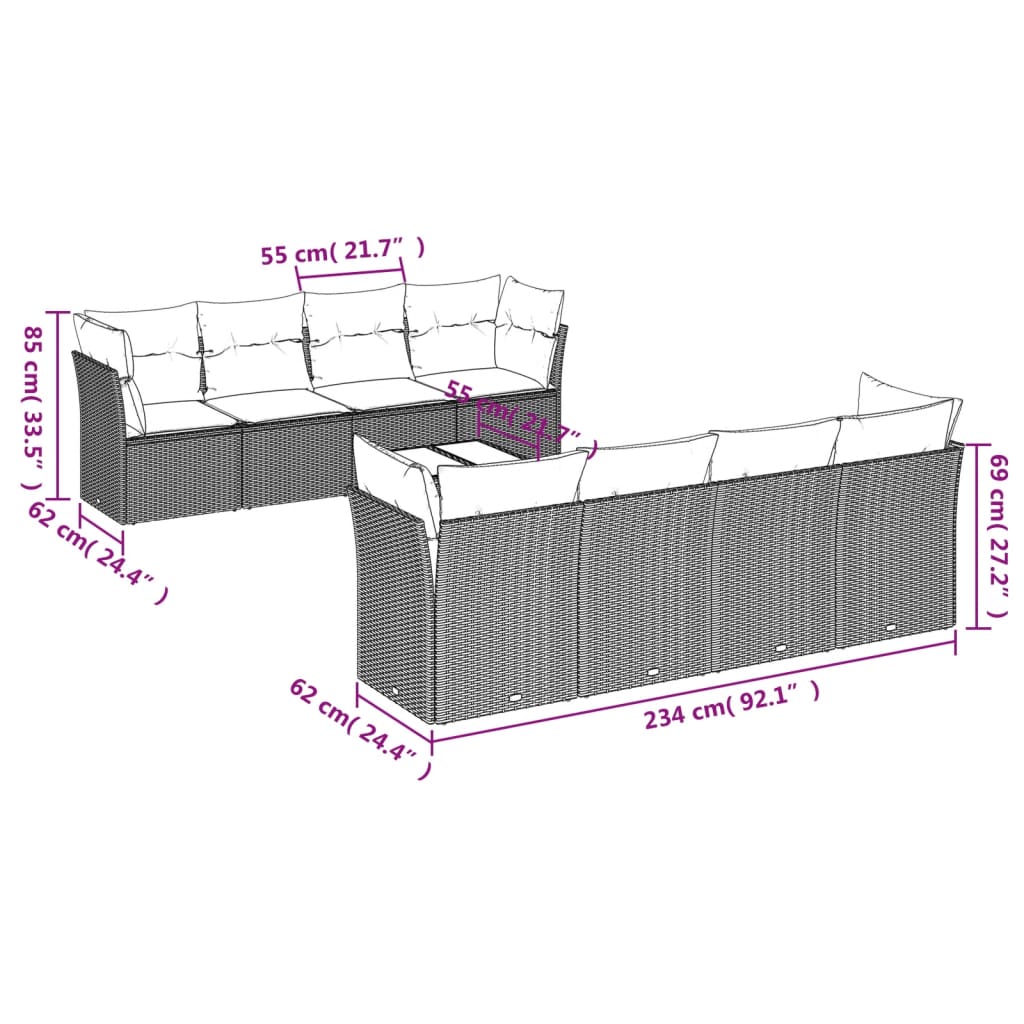 9 Pcs conjunto sofás p/ jardim com almofadões vime PE cinzento