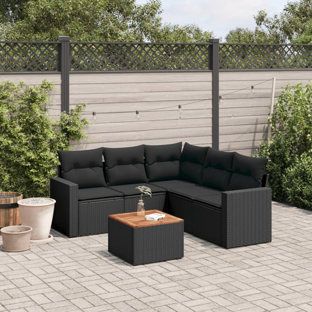6 Pcs conjunto sofás de jardim c/ almofadões vime PE preto
