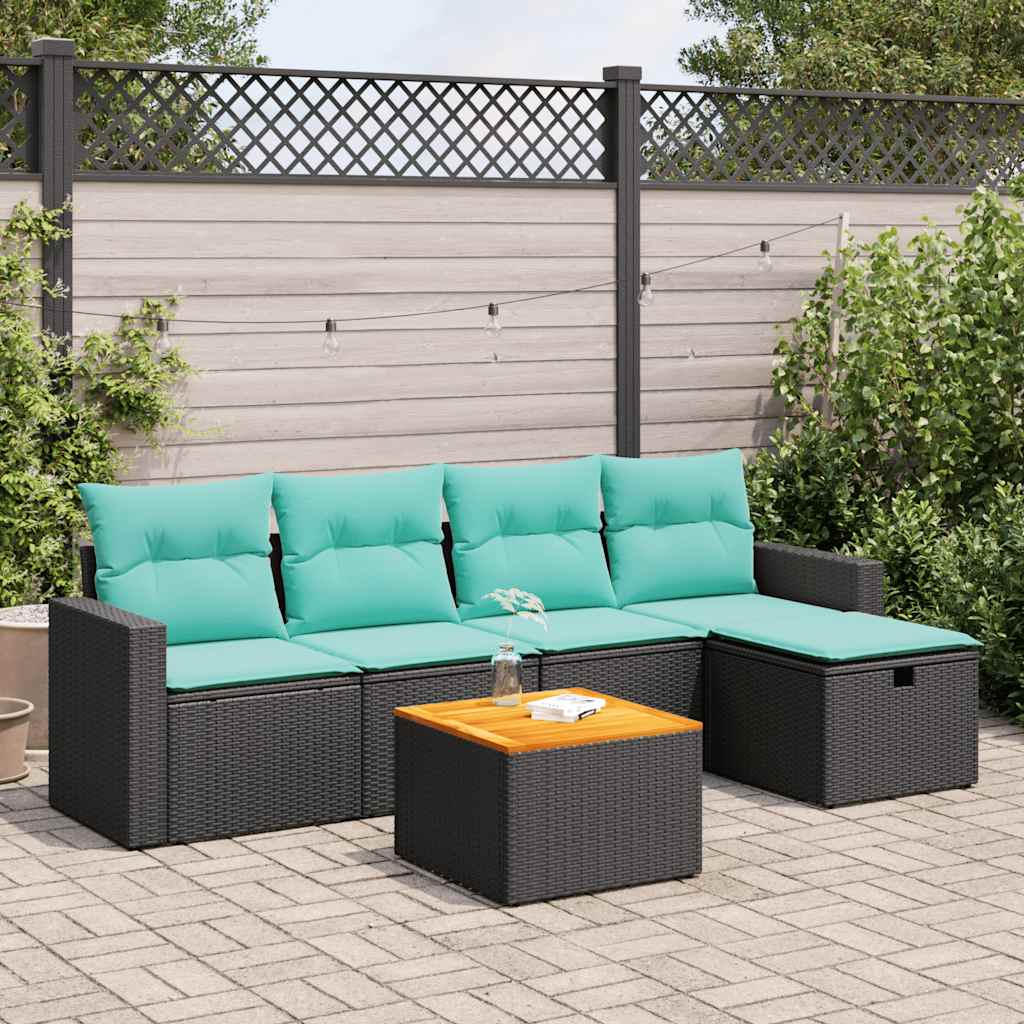 6 Pcs conjunto sofás de jardim c/ almofadões vime PE preto