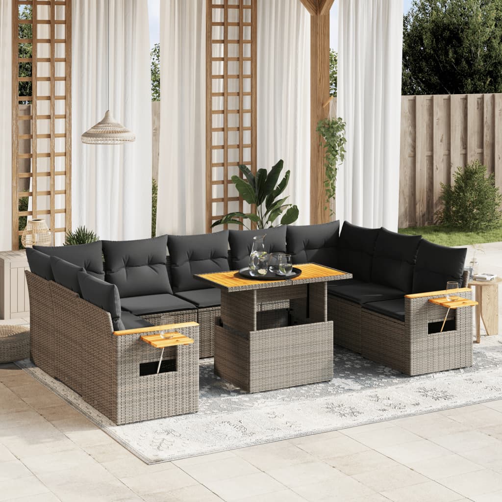 10 Pcs conjunto sofás de jardim c/ almofadões vime PE cinzento