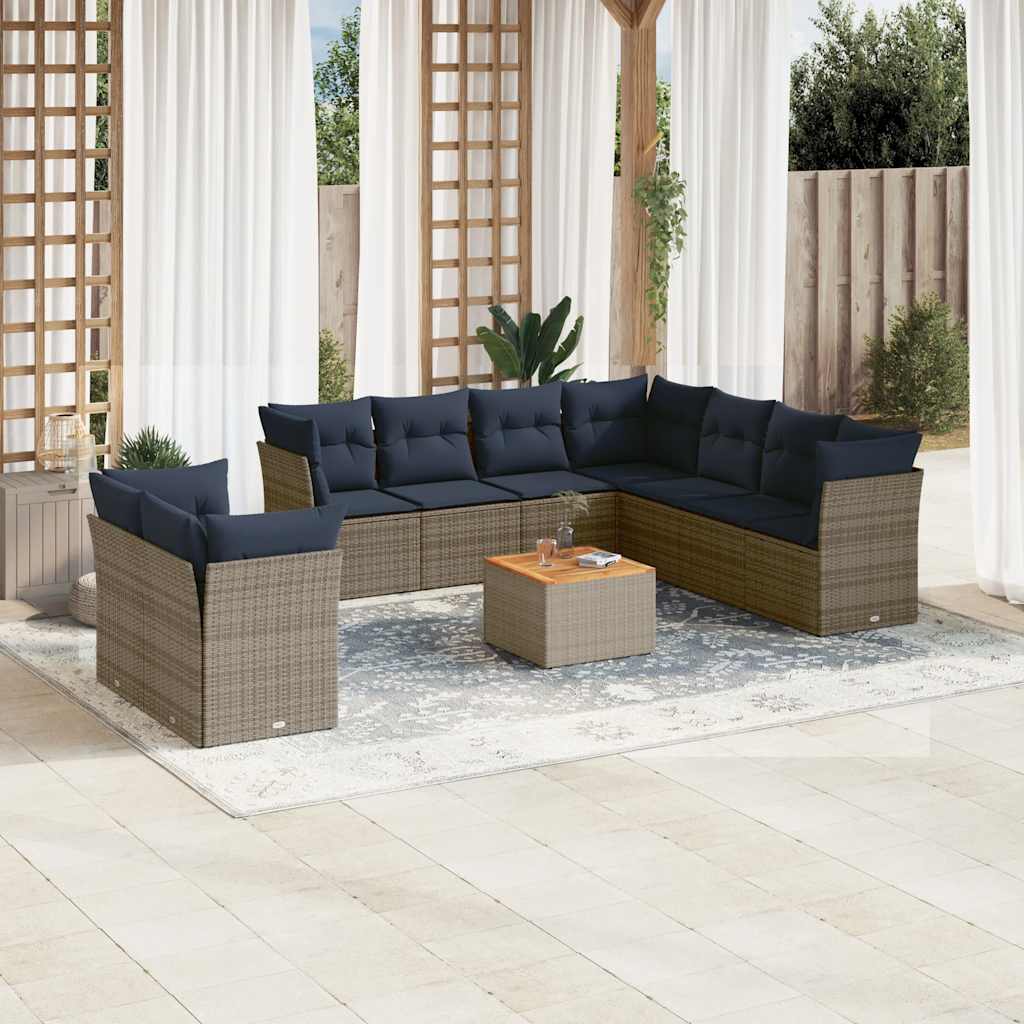 10 Pcs conjunto sofás de jardim c/ almofadões vime PE cinzento