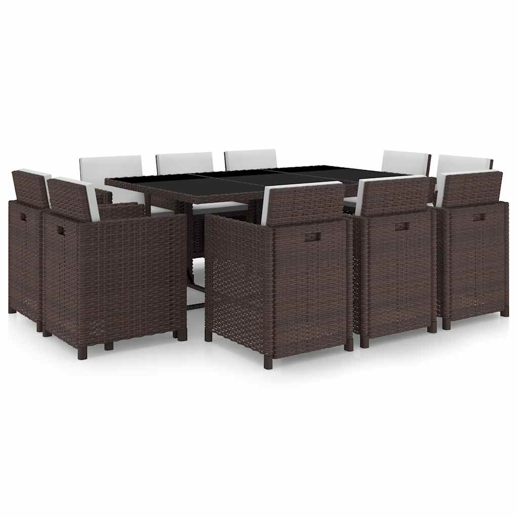 11 Pcs conjunto jantar exterior com almofadões vime PE castanho