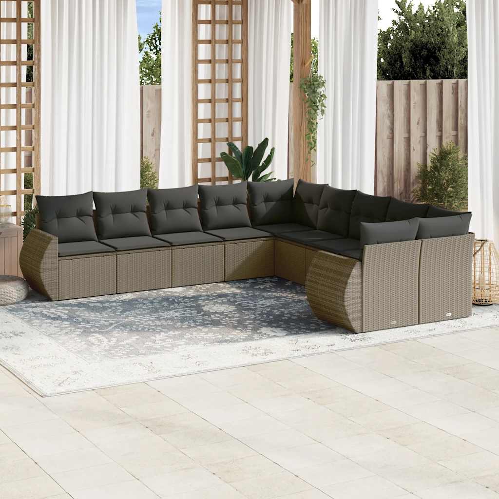 10 Pcs conj. sofás jardim com almofadões vime PE cinzento-claro