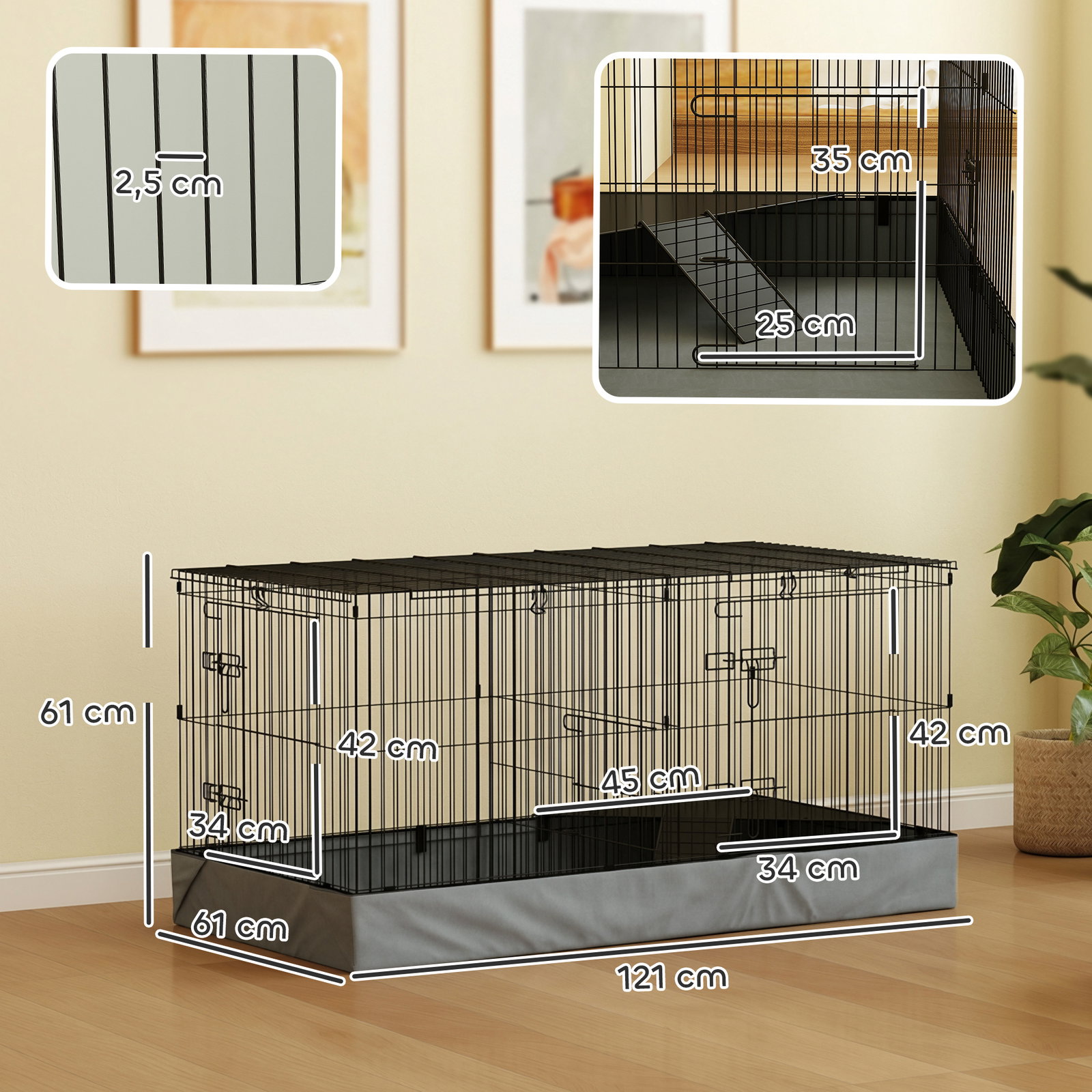 Gaiola para animais pequenos gaiola para roedores coelhos com tampa amovível recinto para cobaias ouriços 121x61x61 cm preto