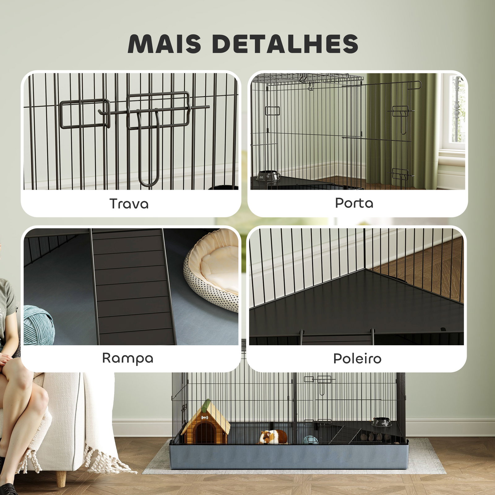 Gaiola para animais pequenos gaiola para roedores coelhos com tampa amovível recinto para cobaias ouriços 121x61x61 cm preto