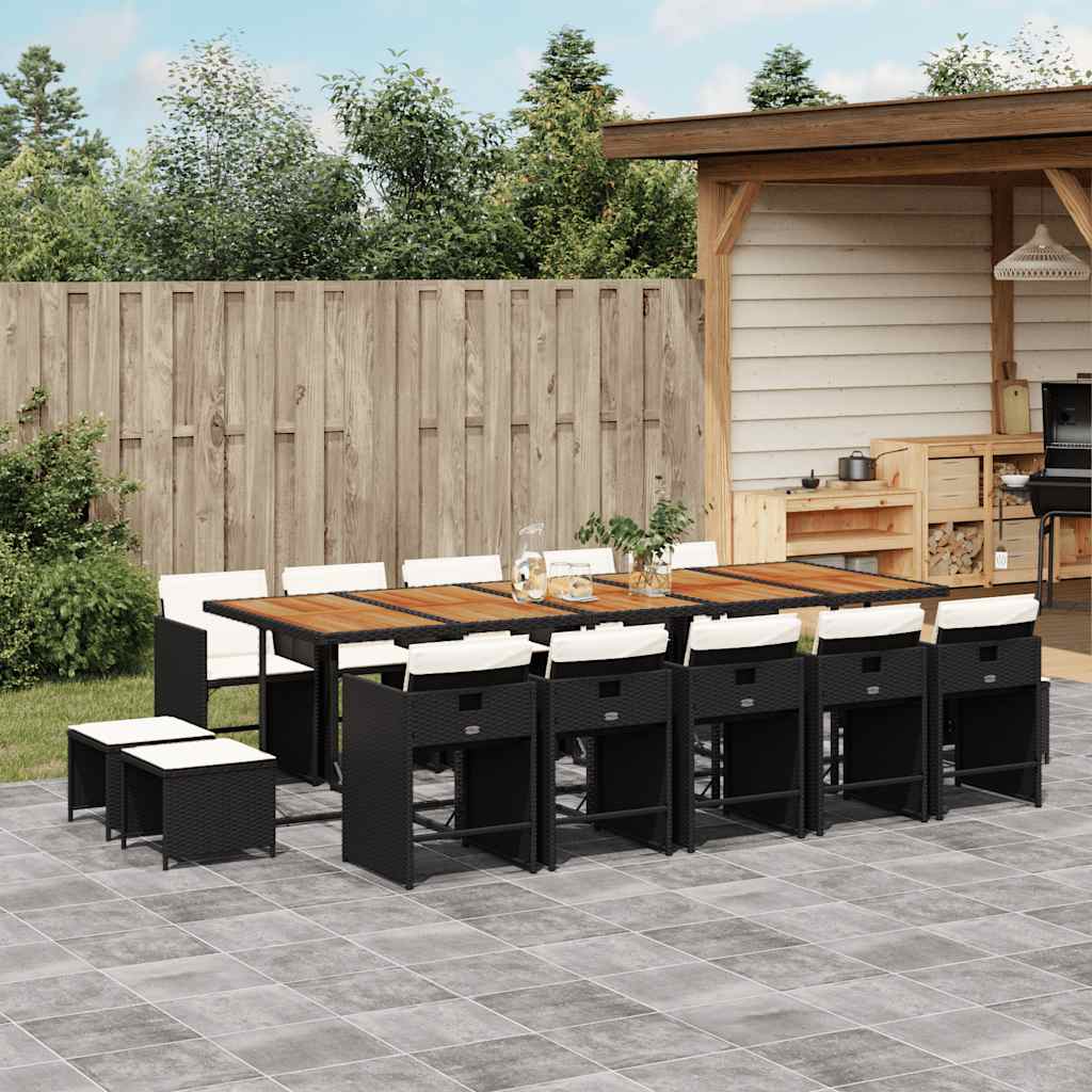 15 Pcs conjunto de jantar p/jardim com almofadões vime PE preto