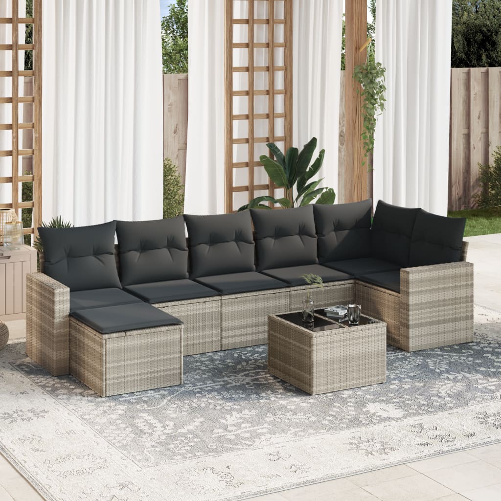 8 Pcs conj. sofás jardim c/ almofadões vime PE cinzento-claro