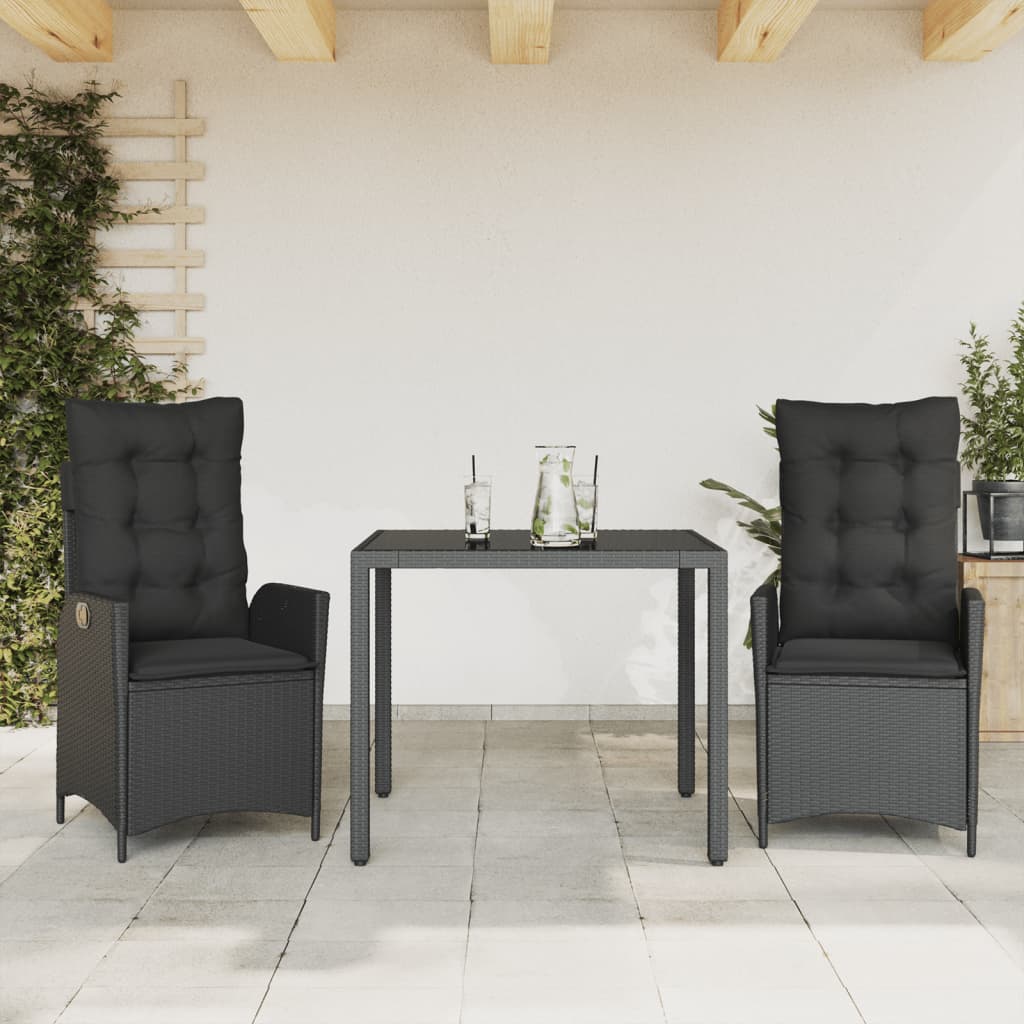 3 Pcs conjunto de jantar p/ jardim c/ almofadões vime PE preto