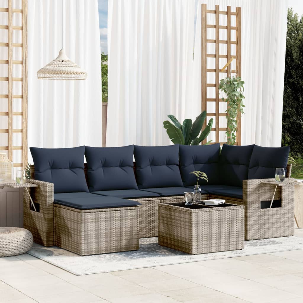 Conjunto de sofá de jardim com 7 peças e almofadas em rattan sintético cinza
