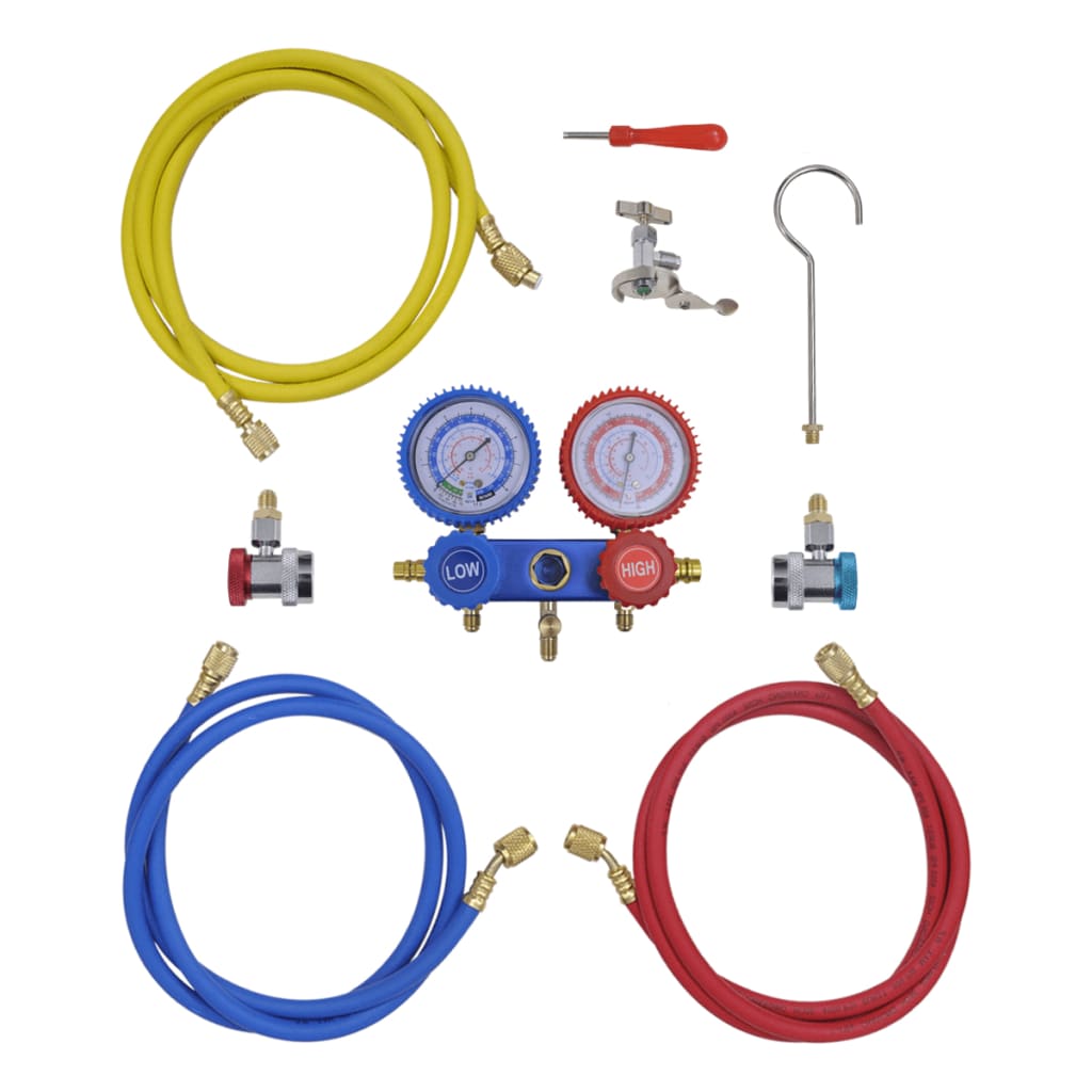 Conjunto manómetro colector 2 formas num kit de ferramentas