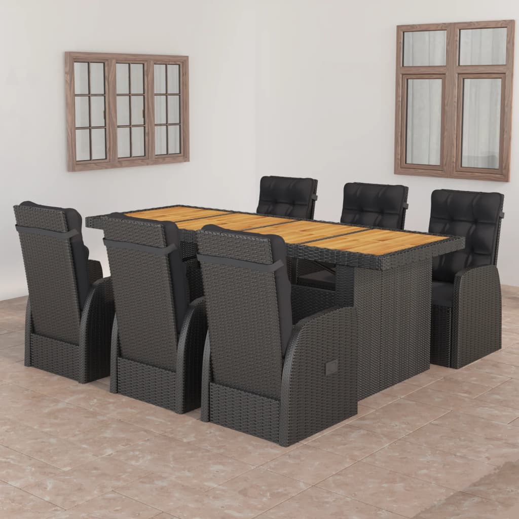 7 Pcs conjunto jantar exterior com almofadões vime PE preto