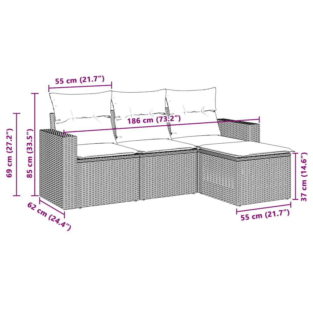 4 Pcs conj. sofás jardim c/ almofadões vime PE cinzento-claro