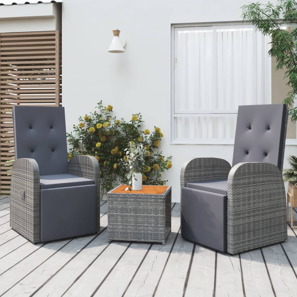 3 Pcs conjunto lounge de jardim vime PE/acácia maciça cinza
