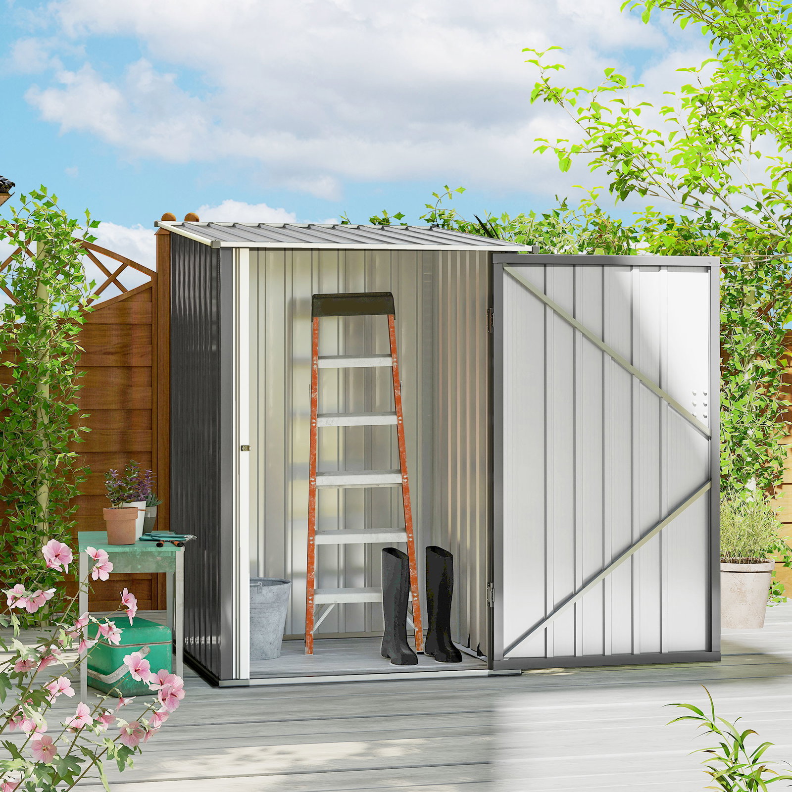 Abrigo de jardim 0,92 m² 100x103x160 cm de aço galvanizado com porta fechadura e teto inclinado cinza