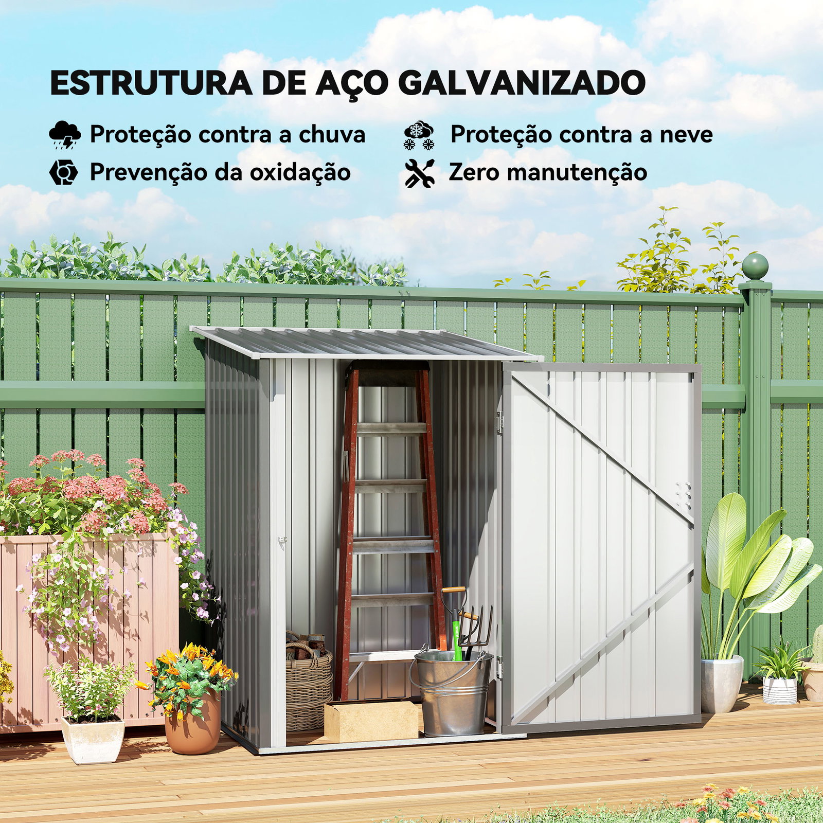 Abrigo de jardim 0,92 m² 100x103x160 cm de aço galvanizado com porta fechadura e teto inclinado cinza