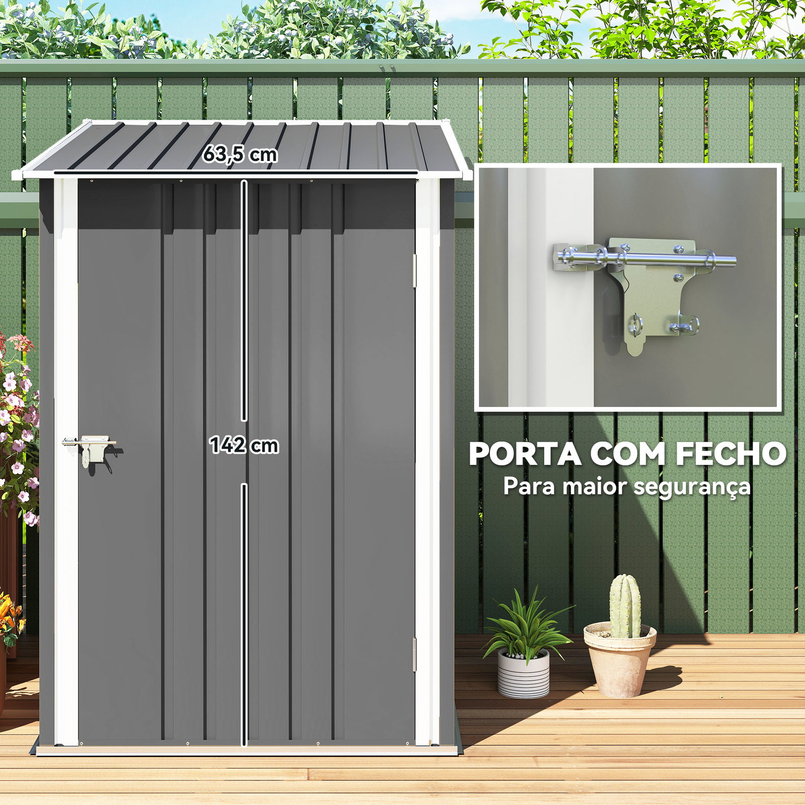 Abrigo de jardim 0,92 m² 100x103x160 cm de aço galvanizado com porta fechadura e teto inclinado cinza