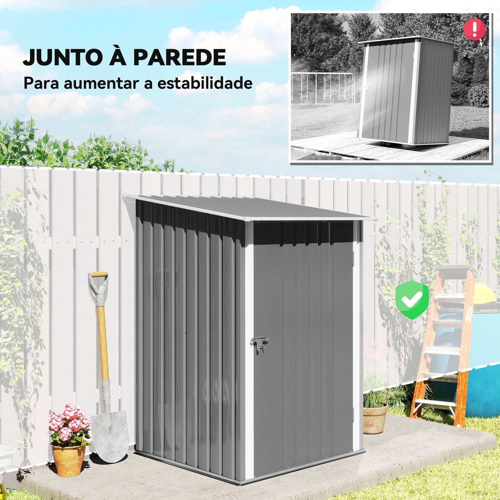 Abrigo de jardim 0,92 m² 100x103x160 cm de aço galvanizado com porta fechadura e teto inclinado cinza