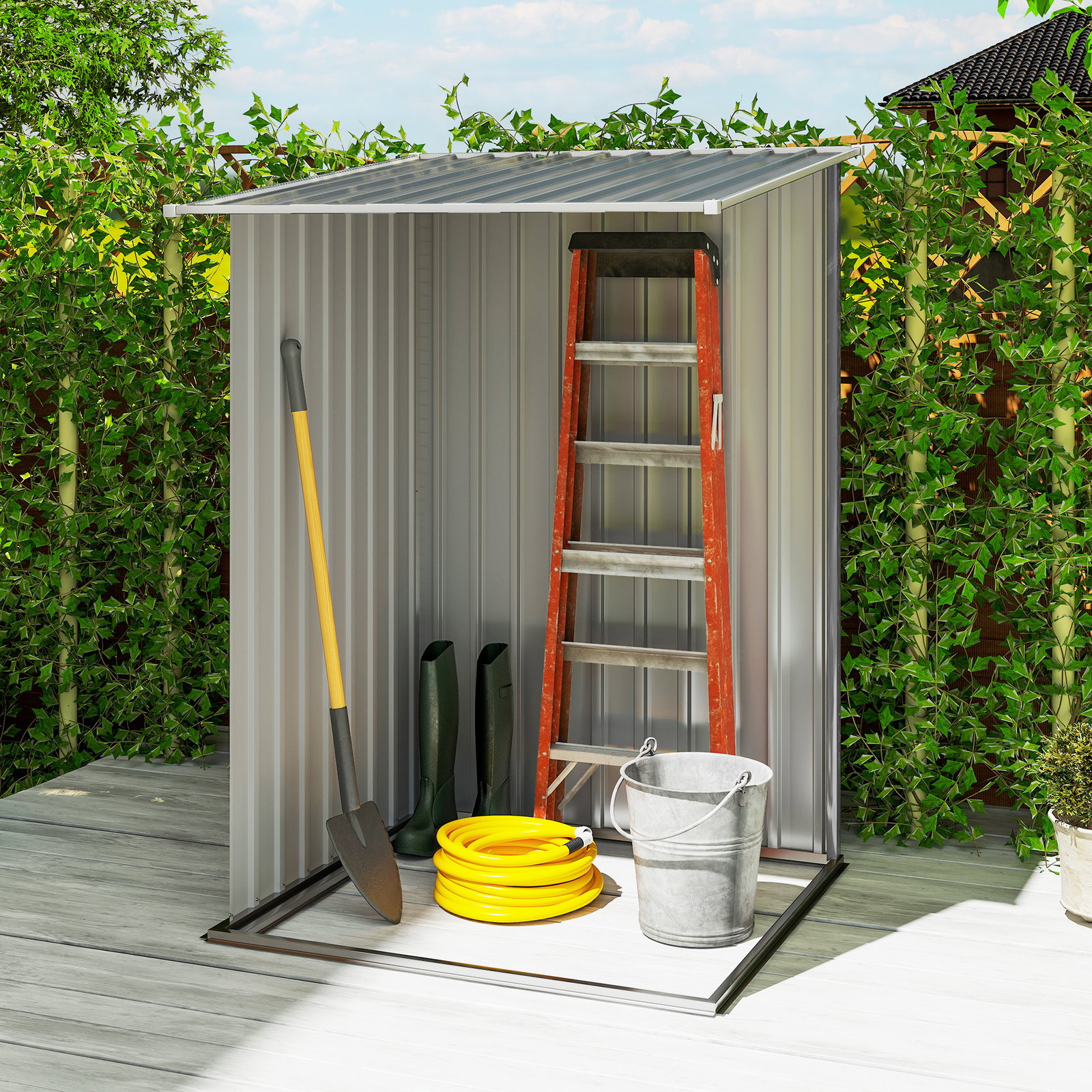 Abrigo de jardim 0,92 m² 100x103x160 cm de aço galvanizado com porta fechadura e teto inclinado cinza