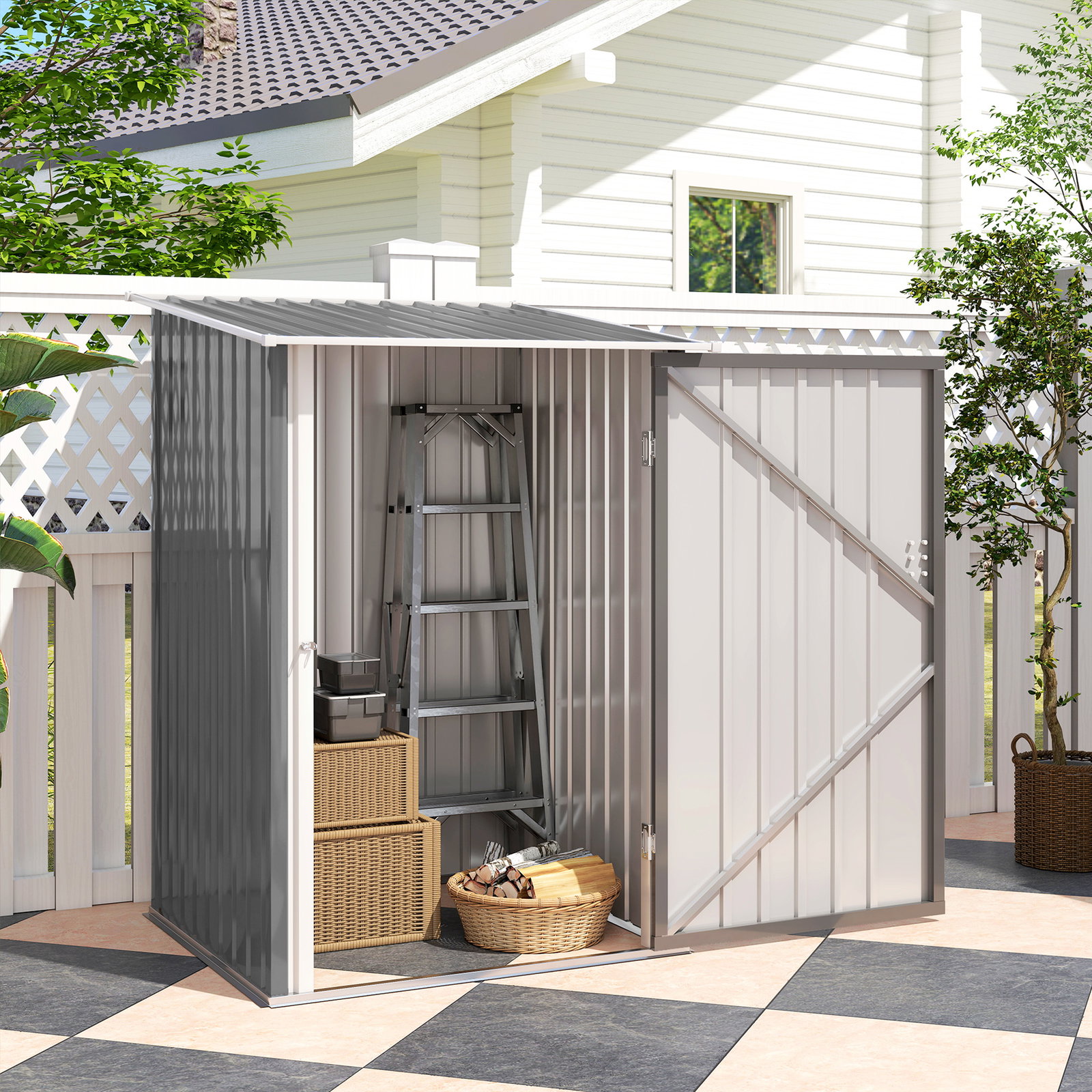Abrigo de jardim 0,92 m² 100x103x160 cm de aço galvanizado com porta fechadura e teto inclinado cinza