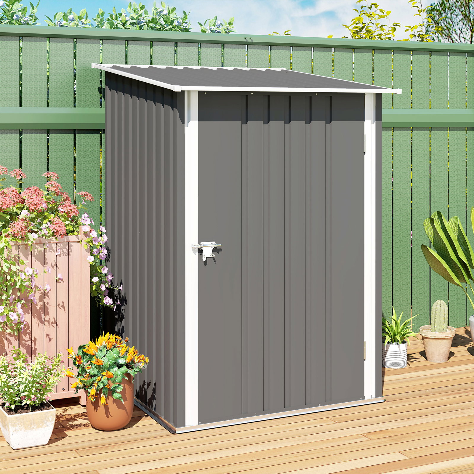 Abrigo de jardim 0,92 m² 100x103x160 cm de aço galvanizado com porta fechadura e teto inclinado cinza