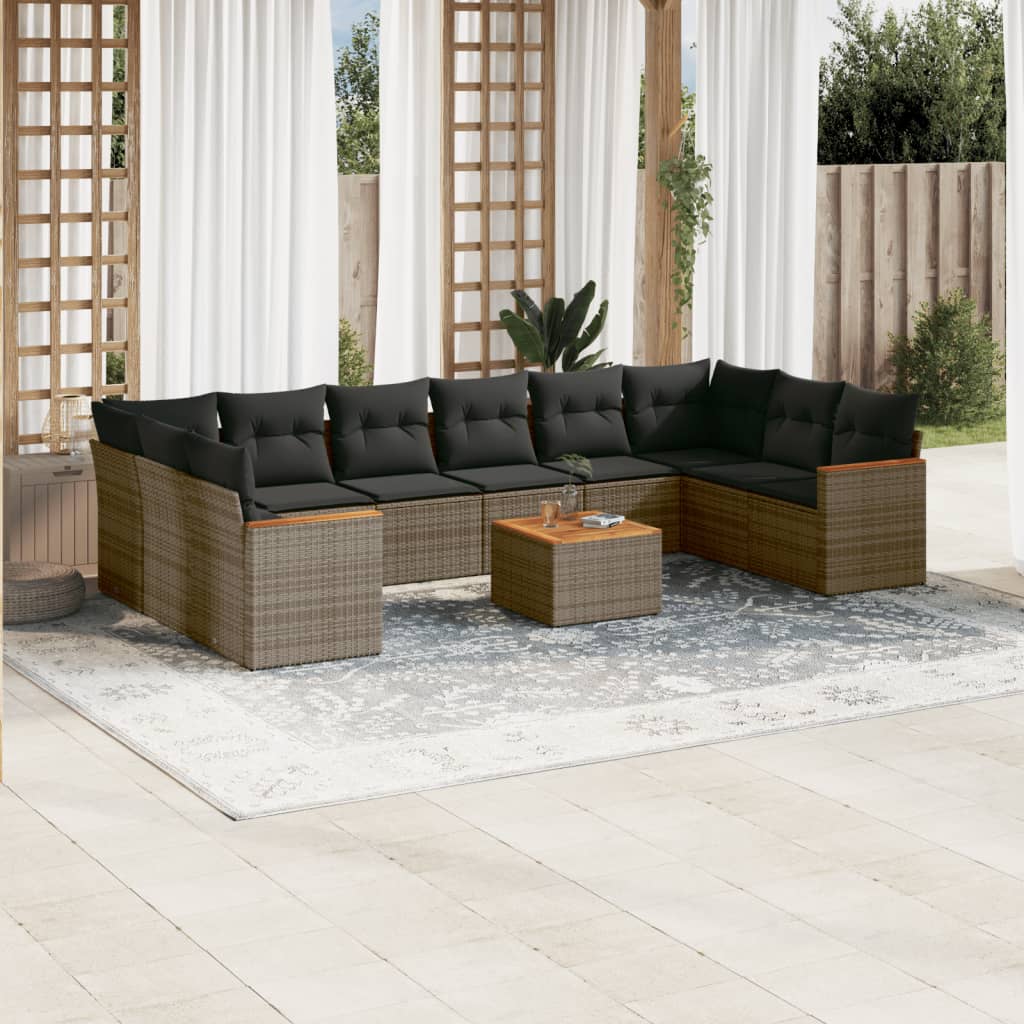 11 Pcs conjunto sofás de jardim c/ almofadões vime PE cinzento